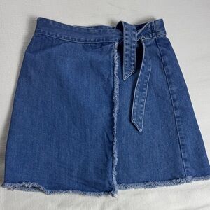 LOFT Denim Wrap Mini Skirt Blue Frayed Hem Tie Waist Size 0